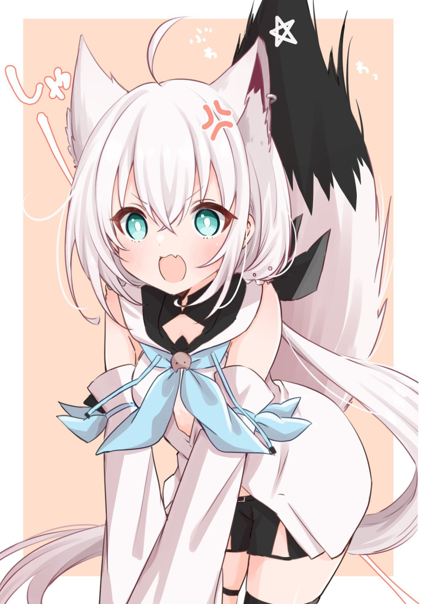 1girl ahoge angry animal_ear_fluff animal_ears black_shorts black_thighhighs blue_neckerchief blush braid commentary_request detached_sleeves earrings extra_ears fang fox_ears fox_girl fox_tail green_eyes hair_between_eyes highres hololive hood hoodie jewelry kamimura_hiiro long_hair looking_at_viewer neckerchief open_mouth pentagram shirakami_fubuki shirakami_fubuki_(1st_costume) short_shorts shorts sidelocks single_braid single_thighhigh skin_fang solo tail tail_raised thigh_strap thighhighs virtual_youtuber white_hair white_hoodie