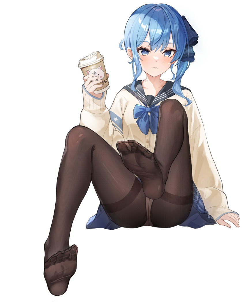 1girl 35p_(sakura_miko) absurdres arm_support black_pantyhose black_sailor_collar blue_bow blue_bowtie blue_eyes blue_hair blue_ribbon blue_skirt blush bow bowtie cardigan closed_mouth coffee_cup commentary_request cup disposable_cup feet foot_focus hair_between_eyes hand_up highres holding holding_cup hololive hoshimachi_suisei invisible_chair knee_up legs light_frown long_sleeves looking_at_viewer medium_hair no_shoes panties panties_under_pantyhose pantyhose pantyshot plaid plaid_skirt ribbon sailor_collar school_uniform side_ponytail sidelocks simple_background sitting skirt sleeves_past_wrists soles solo star_(symbol) star_in_eye suis_(suis022511) symbol_in_eye thighband_pantyhose toes underwear virtual_youtuber white_background white_cardigan