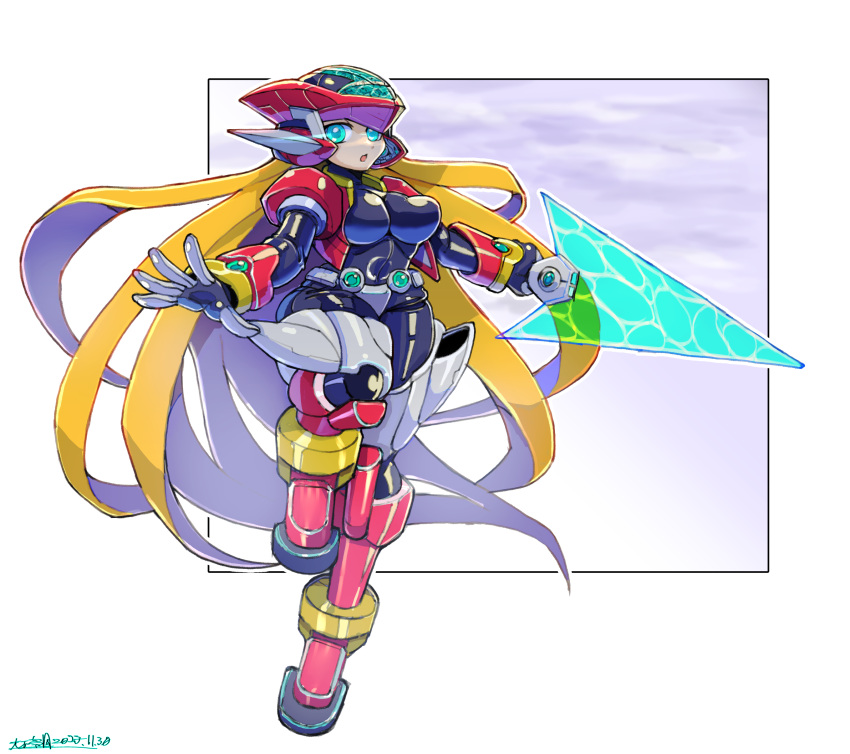 aile_(mega_man_zx) armor blonde_hair blue_eyes boots breasts cropped_jacket energy_sword helmet highres holding holding_sword holding_weapon jacket large_breasts long_hair mega_man_(series) mega_man_zx oomasa_teikoku open_clothes open_jacket power_armor red_footwear red_jacket sword weapon