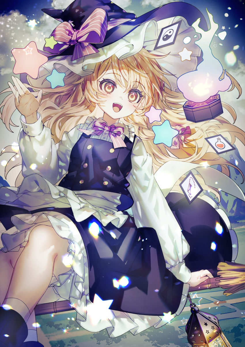 1girl :d black_footwear black_skirt black_vest blonde_hair bow broom broom_riding card cloud collared_shirt commentary_request feet_out_of_frame frilled_shirt_collar frills hand_up hat hat_bow here_(hr_rz_ggg) highres kirisame_marisa lantern long_hair long_sleeves looking_at_viewer mini-hakkero open_mouth orange_eyes outdoors petticoat pink_bow shirt skirt smile socks solo star_(symbol) touhou very_long_hair vest white_shirt white_socks witch_hat yin_yang