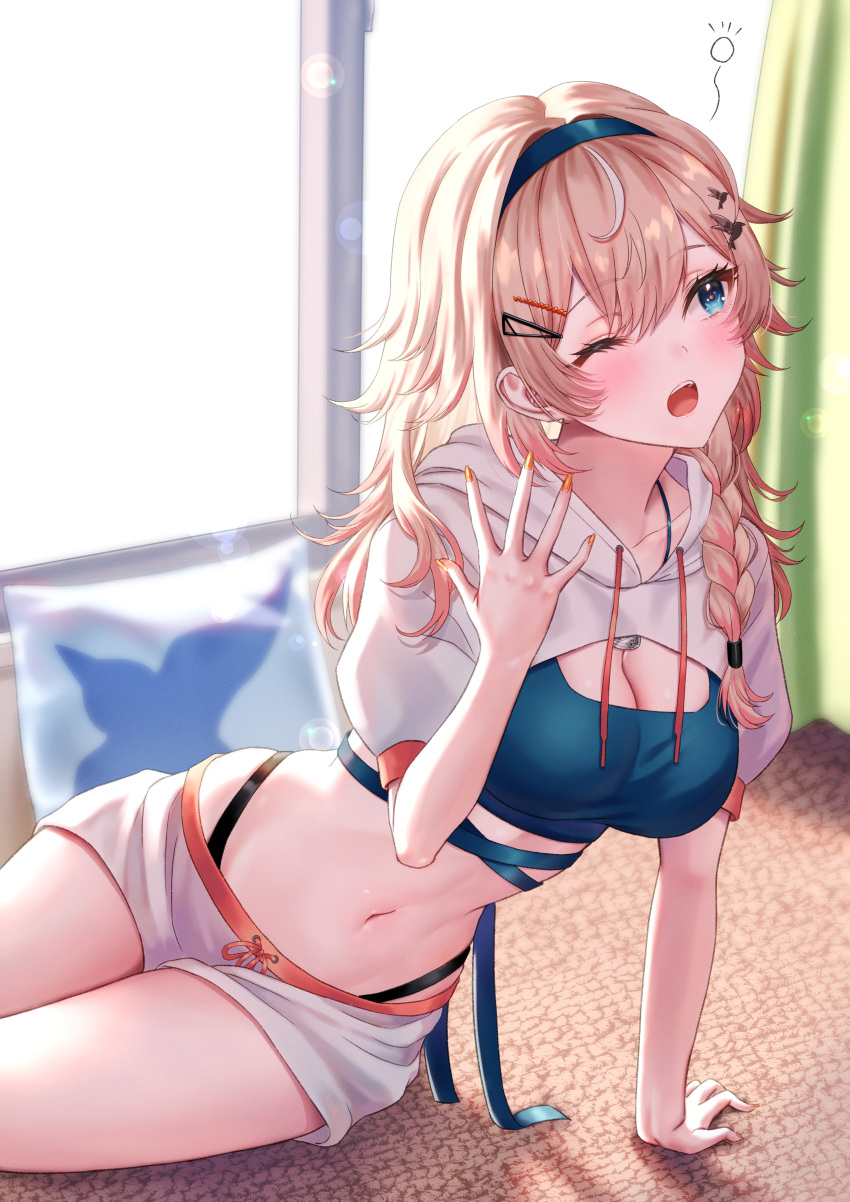 1girl absurdres arm_support black_bra blonde_hair blue_hairband blurry blurry_background blush bra breasts character_request cleavage commission hair_ornament hairband hairclip highleg highleg_panties highres hood hooded_sweater indoors large_breasts long_hair mary_is_mine midriff navel one_eye_closed open_mouth original panties short_shorts shorts skeb_commission solo stomach sweater underwear virtual_youtuber white_shorts white_sweater