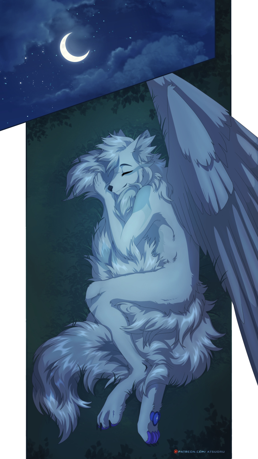 absurd_res anthro astuoru canid canine canis cloud comic_panel fluffy fluffy_tail fur grass grey_body grey_fur hi_res hybrid inner_ear_fluff light male mammal moon moonlight multicolored_pawpads multicolored_tail napping night pawpads plant sirius_hoshi_skaarsgard sky spread_wings star tail tree tuft white_body white_fur wings wolf