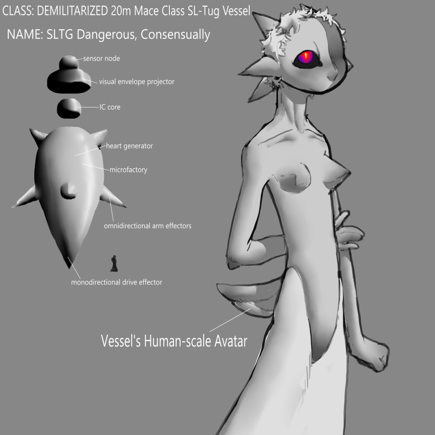 absurd_res black_sclera breasts collarbone featureless_crotch female grey_body hair hi_res humanoid machine nude pupils robot robot_humanoid slit_pupils solo tail thecore34