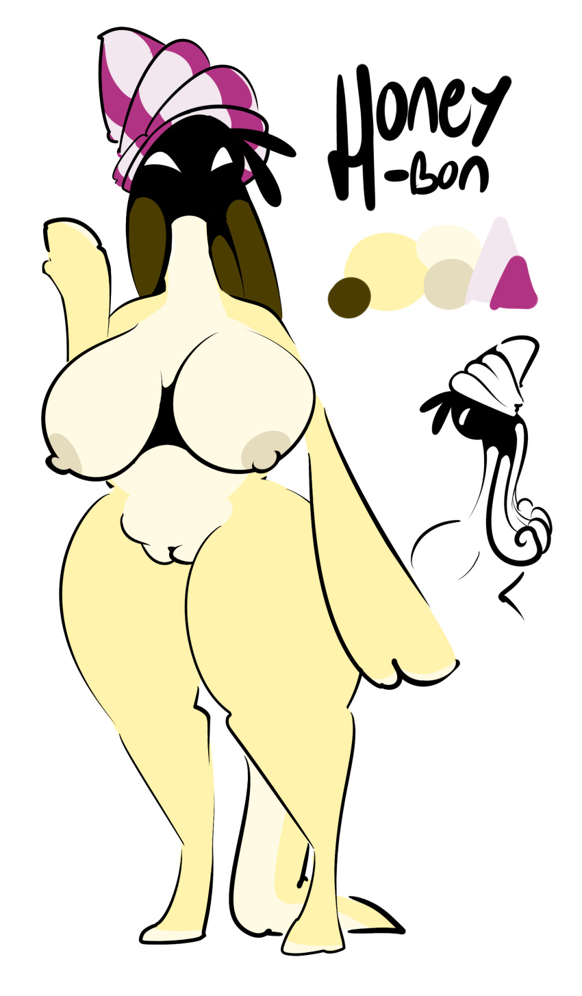 1-upclock absurd_res anthro big_breasts breasts clothing color_swatch female gastropod genitals headgear headwear hi_res hidden_face honey-bon(1-upclock) model_sheet mollusk pussy simple_background snail solo tail thick_thighs white_background white_face wide_hips yellow_body