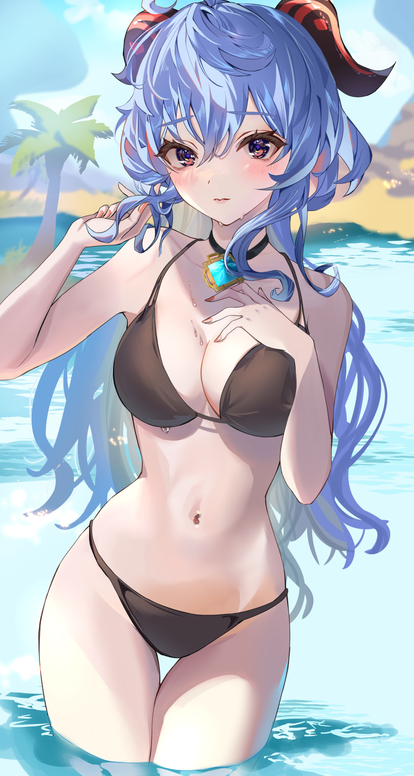 1girl absurdres bare_arms bare_legs bikini black_bikini blue_hair breasts cleavage closed_mouth collarbone day ganyu_(genshin_impact) genshin_impact hair_between_eyes hair_twirling highres horns long_hair looking_at_viewer medium_breasts navel outdoors red_eyes solo standing summer swimsuit thigh_gap very_long_hair wading zawzawa