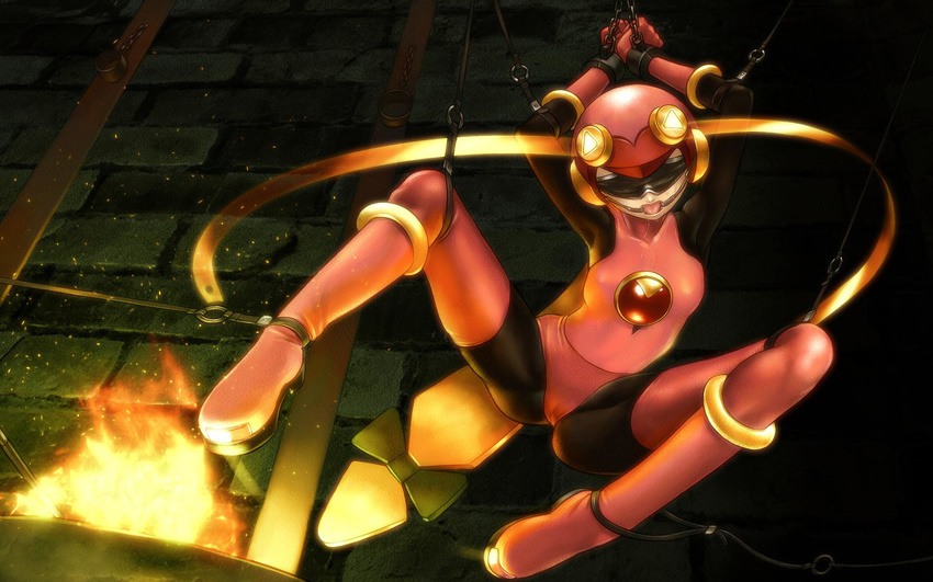 1girl bdsm blindfold bondage boots bound capcom female fire full_body highres latex open_mouth rockman rockman_exe roll_exe s_zenith_lee saliva solo spread_legs