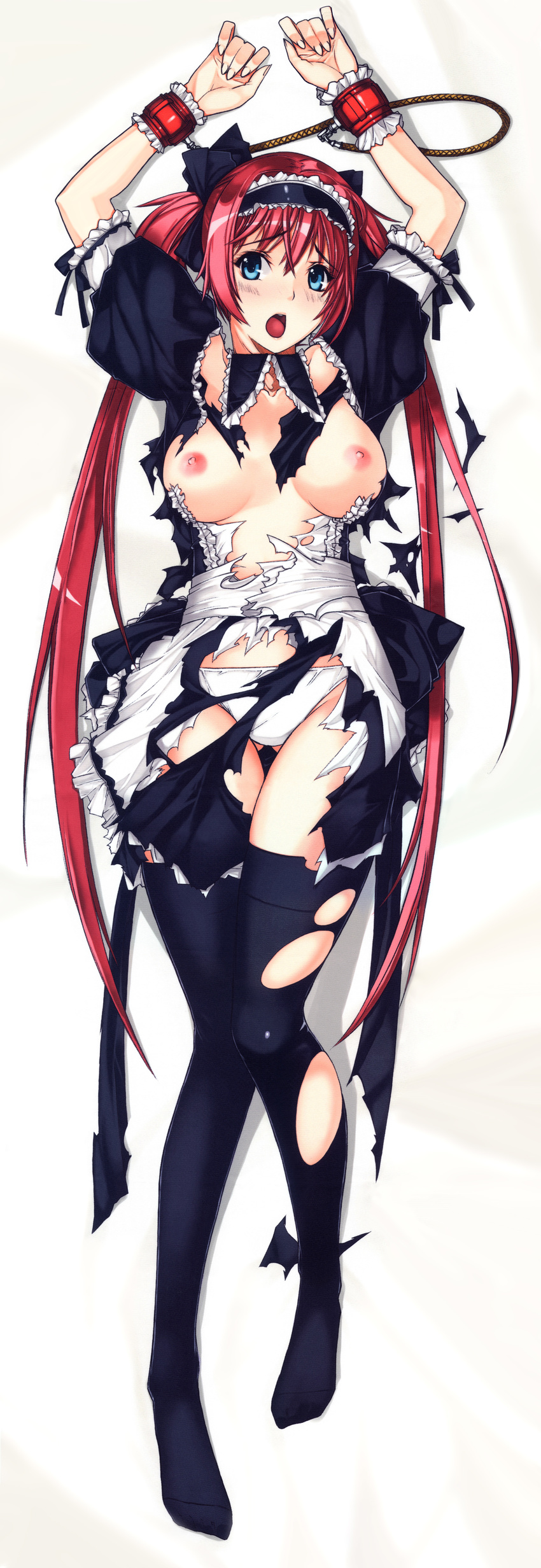 absurdres airi_(queen's_blade) bra breasts cuffs dakimakura full_body green_eyes handcuffs headband highres ky large_breasts legs lingerie long_hair long_legs nipples non-web_source open_mouth panties queen's_blade red_hair solo thighhighs torn_clothes torn_legwear twintails underwear very_long_hair