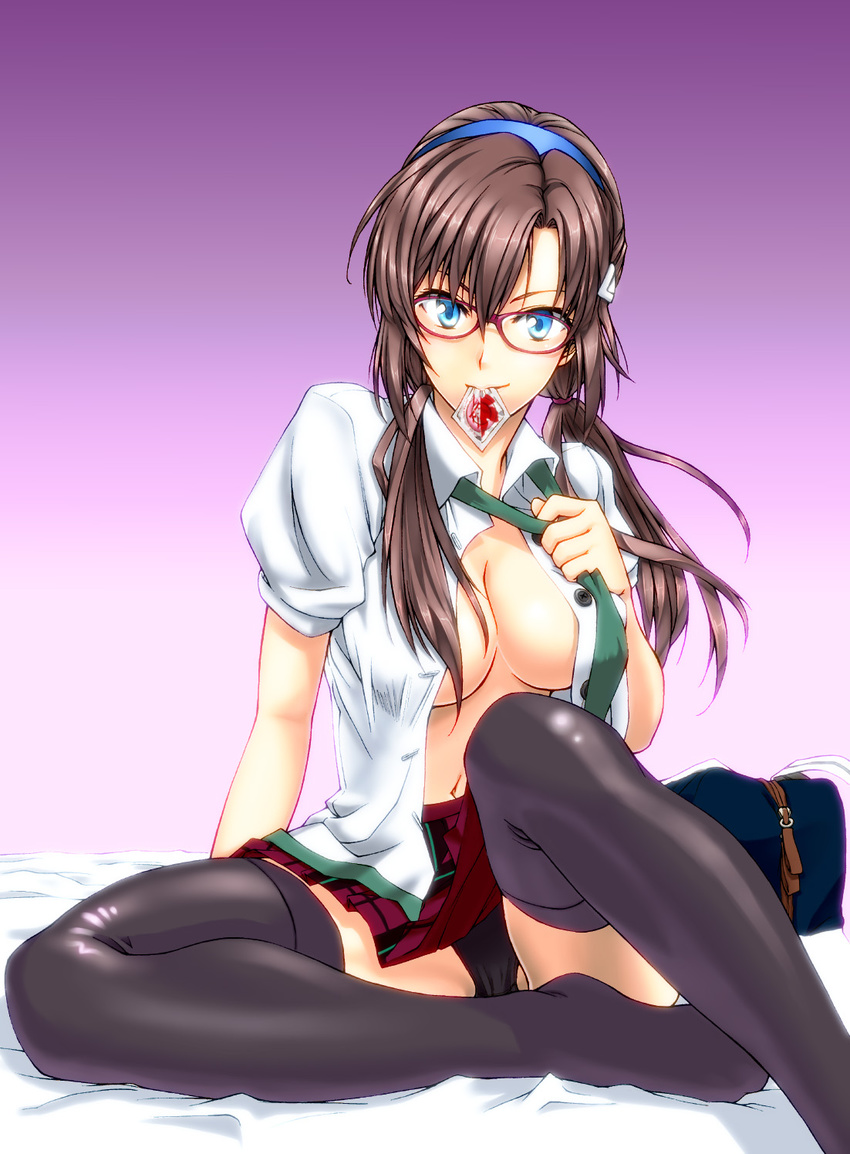 bed black_legwear black_panties blue_eyes breasts brown_hair condom condom_in_mouth evangelion:_2.0_you_can_(not)_advance glasses highres large_breasts legs long_hair makinami_mari_illustrious mouth_hold neon_genesis_evangelion open_clothes open_shirt panties pantyshot rebuild_of_evangelion school_uniform shirt simple_background sitting solo swimmer? thighhighs twintails underwear