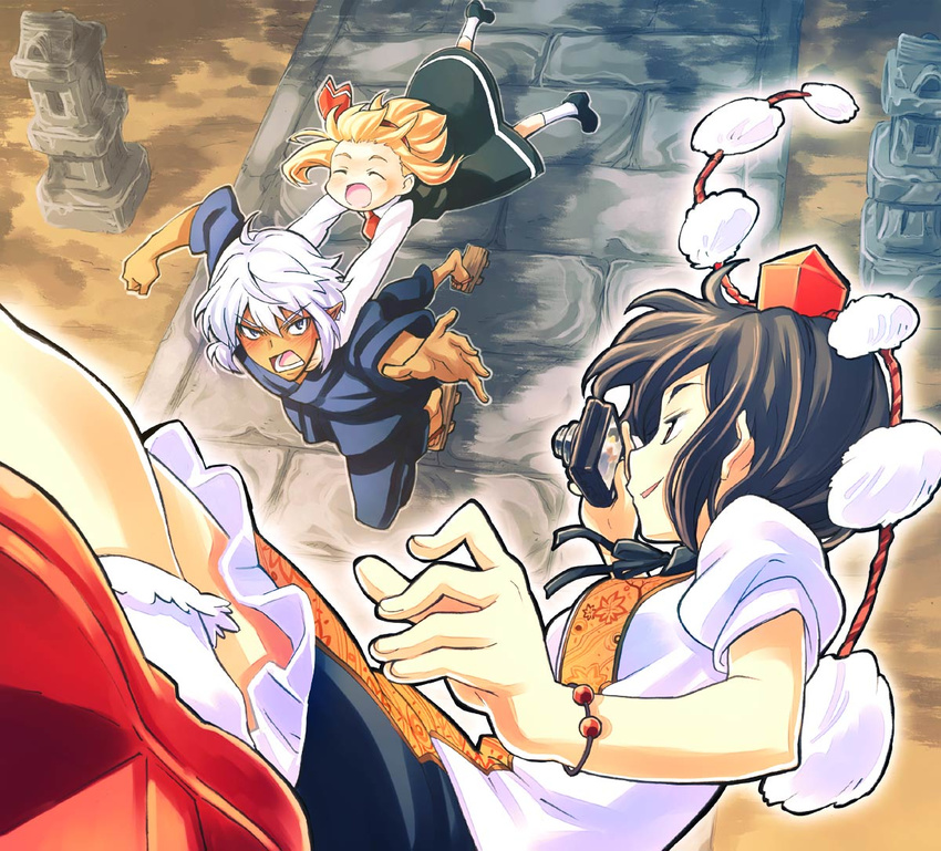 2girls buront crossover elf elvaan final_fantasy final_fantasy_xi geta hat multiple_girls pointy_ears rumia sakino_shingetsu shameimaru_aya smirk tengu-geta the_iron_of_yin_and_yang touhou