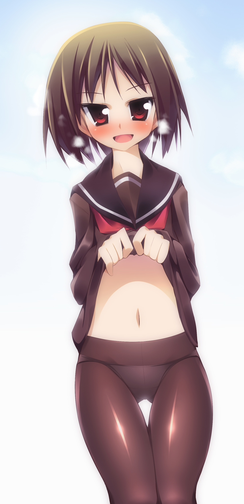 absurdres blush brown_hair crotch_seam highres hoppege legs midriff naughty_face navel no_pants original panties panties_under_pantyhose pantyhose red_eyes school_uniform shirt_lift short_hair smile solo thigh_gap underwear