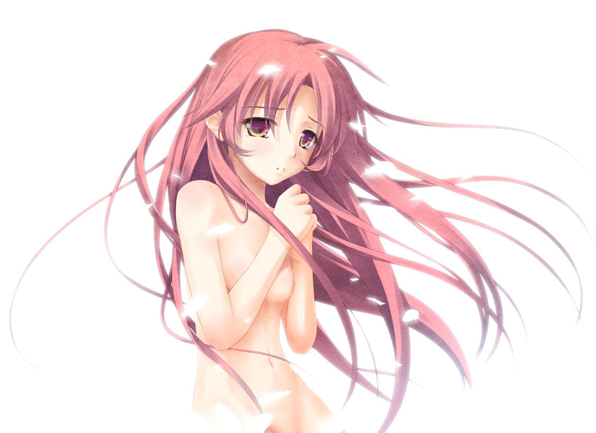 feathers hands_clasped kazami_fukashido long_hair nude original own_hands_together pink_eyes pink_hair solo