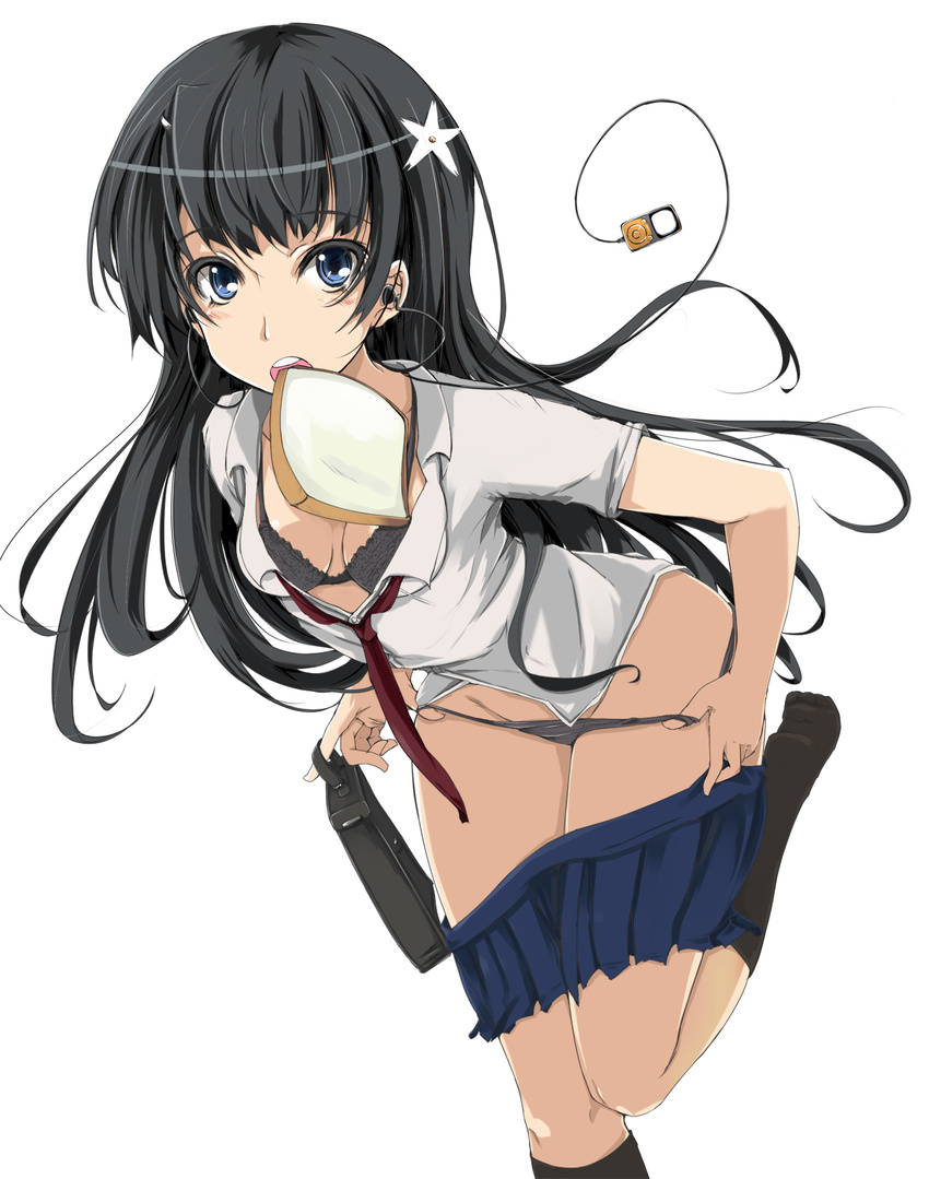 bad_id bad_pixiv_id black_hair blue_eyes bra bread earbuds earphones earphones_removed food food_in_mouth hair_ornament highres late_for_school legs lingerie long_hair mouth_hold open_clothes open_shirt panties panty_pull sahare saten_ruiko school_uniform shirt skirt socks solo to_aru_kagaku_no_railgun to_aru_majutsu_no_index toast toast_in_mouth underwear