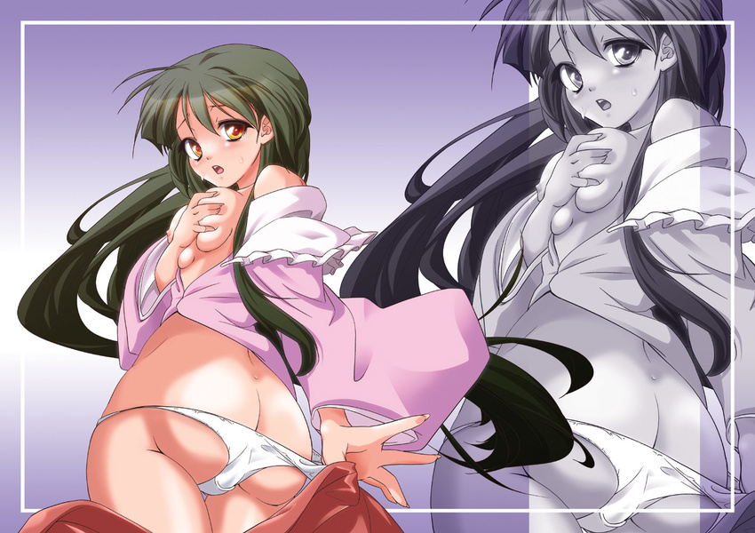 areolae ass bangs bare_shoulders black_hair blush breast_hold breasts butt_crack clothes_down from_behind hachi_(chihagura) hips houraisan_kaguya long_hair looking_at_viewer looking_back medium_breasts nipples no_bra open_mouth orange_eyes panties panty_pull plump solo straight_hair touhou underwear undressing very_long_hair white_panties zoom_layer