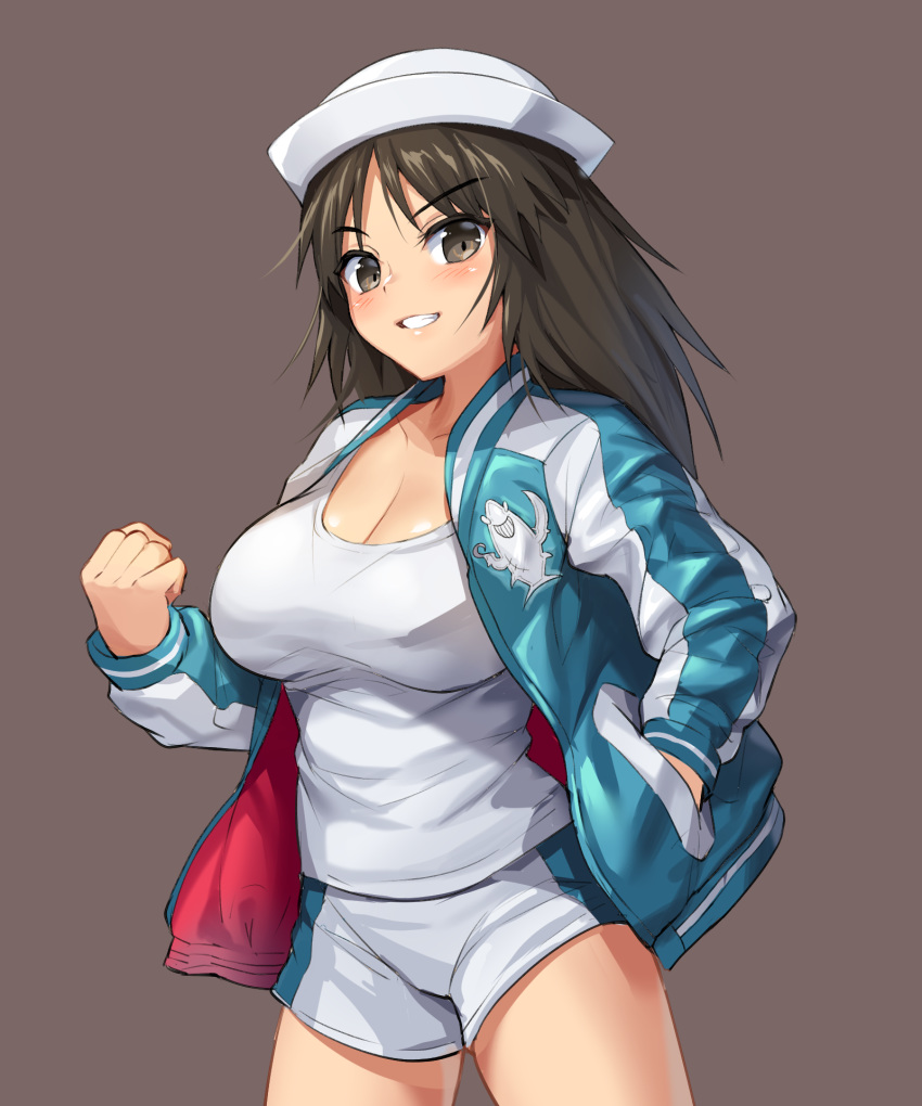 1girl arm_up black_hair blush breasts brown_background brown_eyes cleavage clenched_hand collarbone commentary_request contrapposto cowboy_shot curcumin dixie_cup_hat eyebrows_visible_through_hair girls_und_panzer grin hand_in_pocket hat highres jacket large_breasts long_sleeves looking_at_viewer medium_hair messy_hair military_hat murakami_(girls_und_panzer) shark_print shirt shorts simple_background smile solo standing sukajan teeth white_hat white_shirt white_shorts