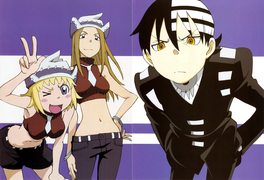 1boy 2girls absurdres black_hair blonde_hair blue_eyes bolo_tie death_the_kid elizabeth_thompson formal hand_on_hip hands_in_pockets hat highres midriff multiple_girls necktie patricia_thompson shorts siblings sisters soul_eater suit v wink