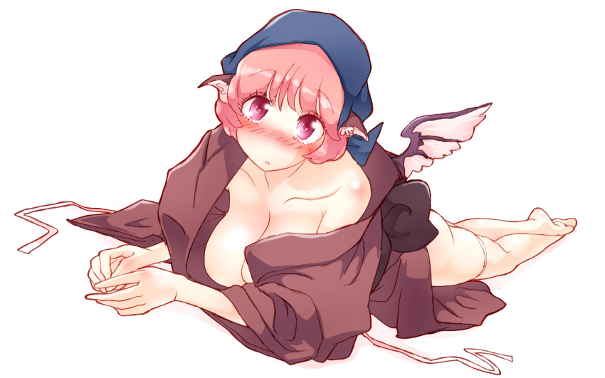 1girl :o animal_ears ass bare_legs barefoot blush breasts collarbone eyebrows_visible_through_hair head_scarf japanese_clothes large_breasts looking_at_viewer lying magenta_eyes mystia_lorelei no_bra non_(z-art) okamisty on_stomach open_clothes open_mouth panties panty_pull pink_hair ribbon sash simple_background solo touhou underwear untied white_background wings