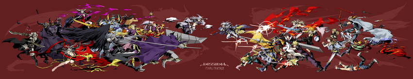 6+boys absurdres alternate_color alternate_form armor axe bow_(weapon) buster_sword butz_klauser cecil_harvey cefca_palazzo chaos_(dff) cloud_of_darkness cloud_strife cosmos_(dff) dissidia_final_fantasy dual_wielding emperor_(ff2) everyone exdeath final_fantasy final_fantasy_i final_fantasy_ii final_fantasy_iii final_fantasy_iv final_fantasy_ix final_fantasy_v final_fantasy_vi final_fantasy_vii final_fantasy_viii final_fantasy_x final_fantasy_xi final_fantasy_xii frioniel full_armor gabranth_(ff12) garland_(ff1) golbeza gunblade highres holding jecht knife kuja kurosuema long_image mace magic multiple_boys multiple_girls onion_knight pantyhose polearm sephiroth shantotto silhouette spear squall_leonhart staff sword tidus tina_branford tripping ultimecia vaan warrior_of_light weapon wide_image zidane_tribal