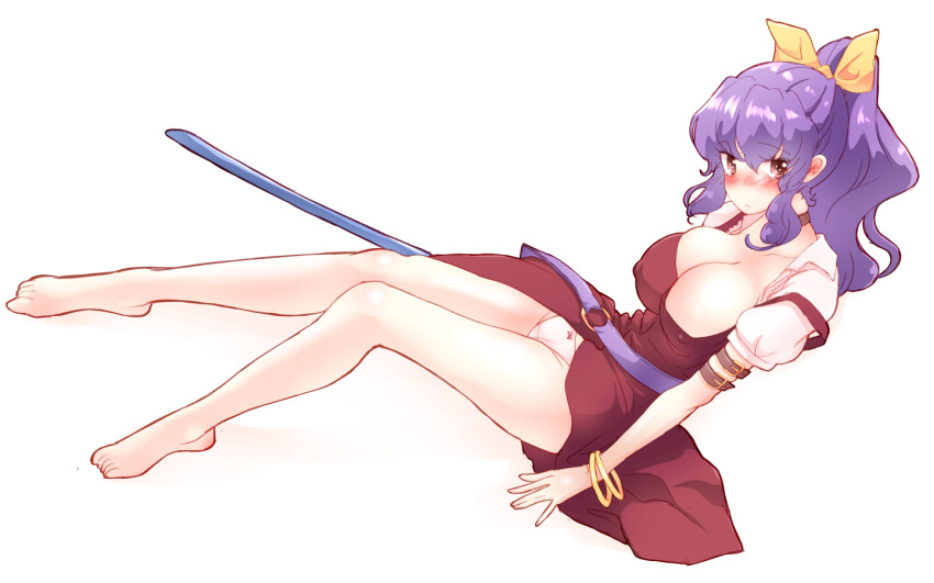 1girl arm_belt barefoot belt blush bow bow_panties breasts brown_eyes bursting_breasts collarbone dress embarrassed erect_nipples eyebrows_visible_through_hair hair_bow large_breasts long_hair looking_away no_pants non_(z-art) open_clothes panties pantyshot ponytail puffy_short_sleeves puffy_sleeves purple_hair short_sleeves simple_background sitting solo sword touhou underwear watatsuki_no_yorihime weapon white_background