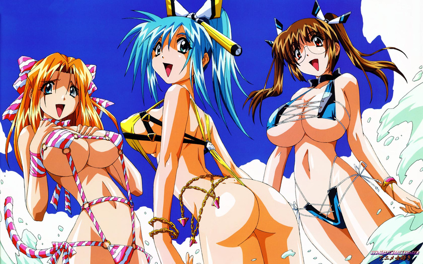 ass beach bikini blue_eyes blue_hair breasts brown_hair divergence_eve glasses huge_breasts kureha_misaki orange_hair prim_snowlight red_eyes sling_bikini suzanna_bluestein swimsuit twintails