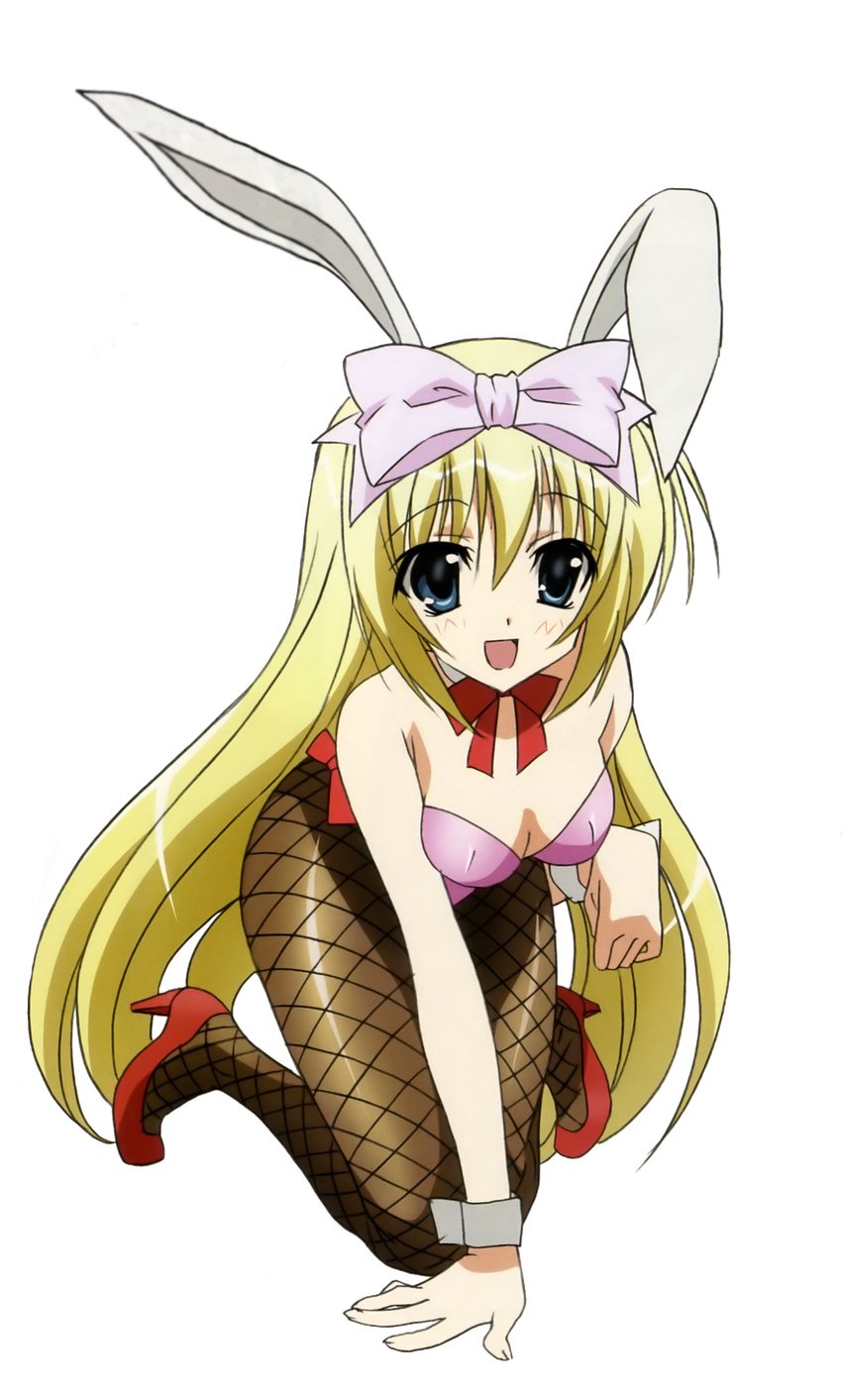 absurdres animal_ears blonde_hair blue_eyes blush bow breasts bunny_ears bunny_girl bunnysuit cleavage fishnet_pantyhose fishnets full_body hair_bow highres long_hair medium_breasts morimoto_hirofumi non-web_source open_mouth pantyhose seitokai_no_ichizon shiina_mafuyu shoes solo transparent_background very_long_hair wrist_cuffs