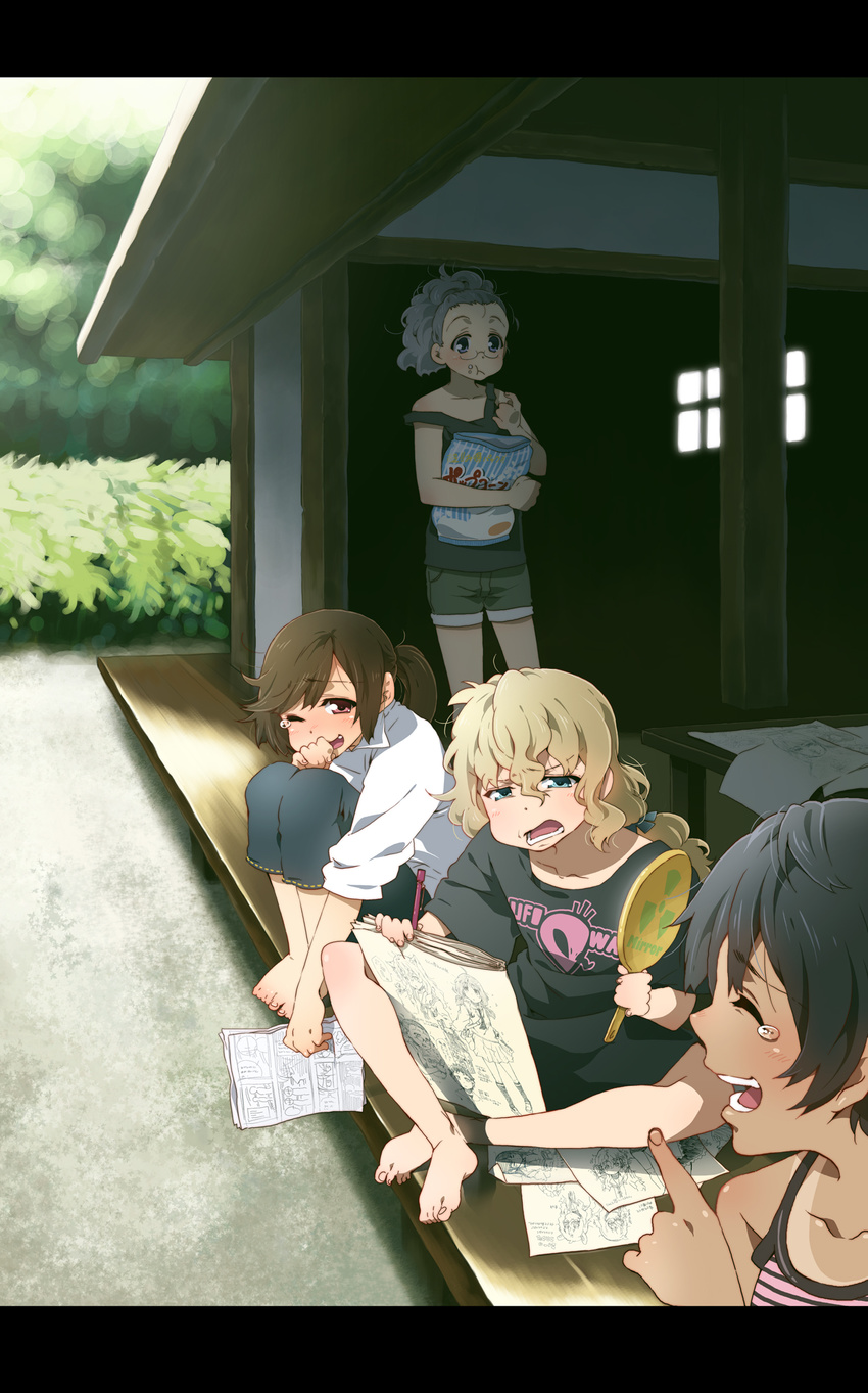 :t aqua_eyes barefoot black_hair blonde_hair blue_eyes brown_hair eating highres laughing letterboxed multiple_girls original pointing ponytail red_eyes shirt_tan sketchbook strap_slip takanashi_ringo tan tanline tears veranda