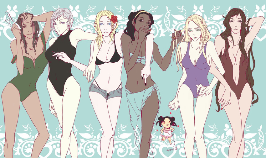 adjusting_hair axis_powers_hetalia bandeau bikini black_hair blonde_hair blue_eyes blue_sarong breasts brown_eyes child china_(hetalia) cigarette cleavage cuba_(hetalia) dark_skin double_bun flower france_(hetalia) genderswap genderswap_(mtf) germania_(hetalia) green_eyes hair_flower hair_ornament hairband iceland_(hetalia) innertube large_breasts lineup long_hair mask multiple_girls nail_polish one-piece_swimsuit open_fly purple_eyes red_flower red_rose rome_(hetalia) rose sarong short_hair short_shorts shorts smile smoking strap_slip strapless swimsuit tubetop turkey_(hetalia) unzipped very_long_hair white_hair zoz