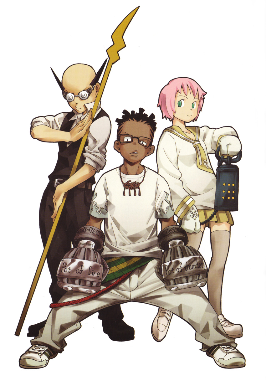 2boys @_@ absurdres bald belt black-framed_eyewear black_hair breasts cardigan coke-bottle_glasses cornrows cross-laced_footwear dark_skin dollar_sign english glasses green_eyes grey_legwear hairlocs harvar_d_eclair highres holding holding_weapon jacquiline_o_lantern_dupre jewelry kilik_lunge kim_diehl lantern legs_apart light_smile long_sleeves looking_at_viewer mittens multiple_boys neckerchief necklace official_art okubo_atsushi over_shoulder ox_ford pants pink_hair pleated_skirt polearm pot_of_fire pot_of_thunder scan school_uniform serafuku shirt shoes short_hair short_sleeves simple_background skirt sleeves_rolled_up small_breasts smile sneakers soul_eater spear standing thighhighs uneven_eyes vest weapon weapon_over_shoulder white_background zettai_ryouiki