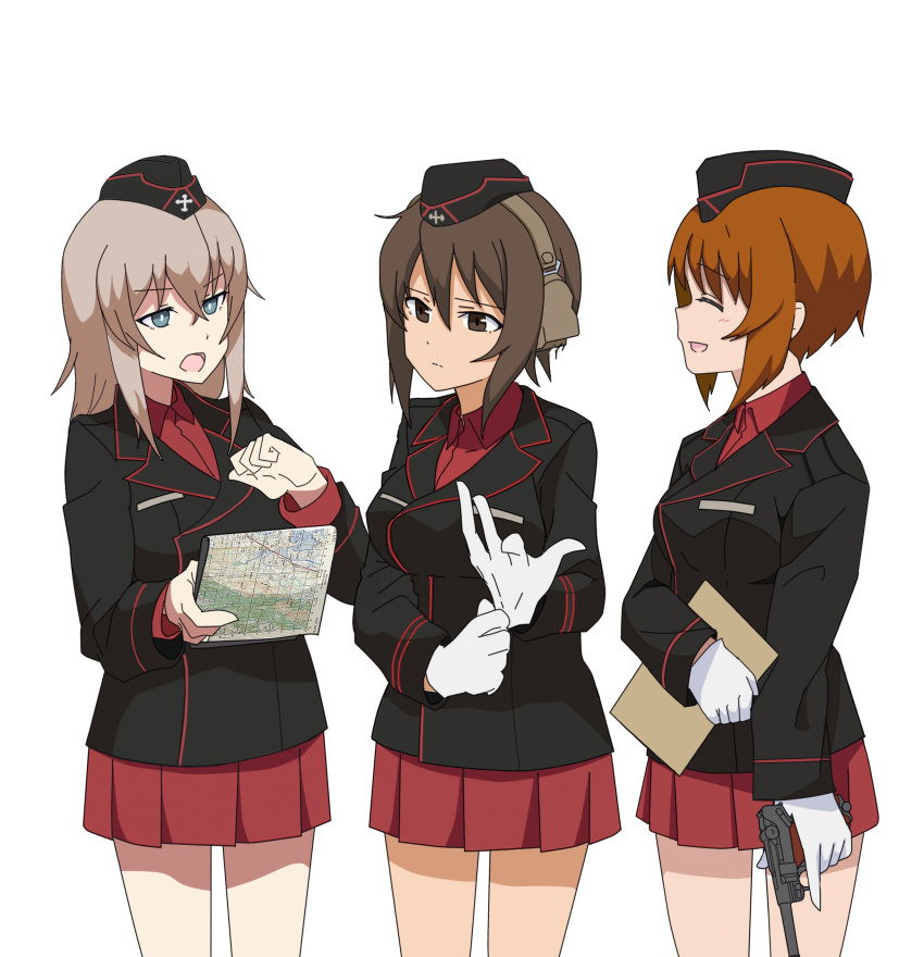 3girls absurdres bangs black_hat black_jacket blue_eyes bright_pupils brown_eyes brown_hair clipboard closed_mouth commentary_request dress_shirt eyebrows_visible_through_hair eyes_closed facing_another frown garrison_cap girls_und_panzer glove_pull gun handgun hat headphones highres holding itsumi_erika jacket korean_commentary kuromorimine_military_uniform light_blush long_hair long_sleeves looking_at_another luger_p08 map military military_hat military_uniform miniskirt multiple_girls nishizumi_maho nishizumi_miho open_mouth perfect_han pleated_skirt red_shirt red_skirt shirt short_hair siblings silver_hair simple_background sisters skirt smile standing trigger_discipline uniform weapon white_background white_pupils