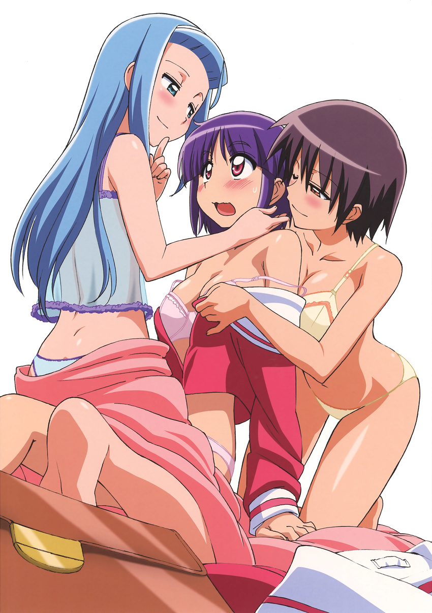 absurdres artist_request asakaze_risa bag blue_eyes blue_hair blue_panties blush bra brown_hair camisole frill_trim frilled_panties frills hanabishi_miki handbag hayate_no_gotoku! highres lingerie long_hair multiple_girls naughty_face non-web_source official_art one_eye_closed open_mouth panties pink_bra pink_eyes pink_panties purple_hair school_uniform segawa_izumi short_hair strap_slip underwear undressing yellow_bra yellow_panties yuri