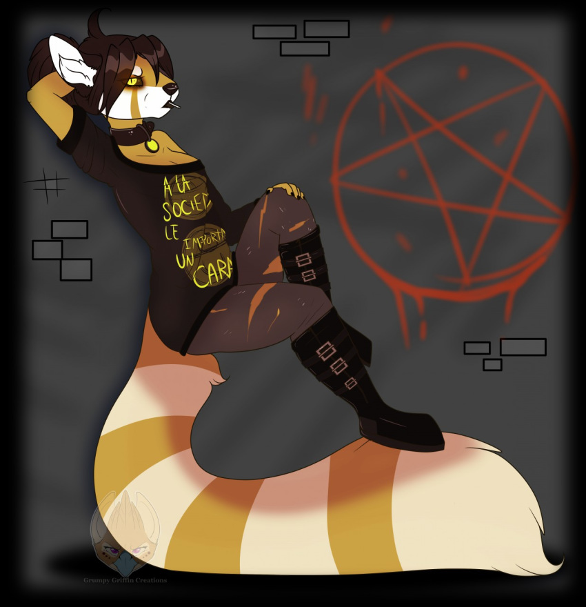 2019 ailurid anthro clothed clothing colar digital_media_(artwork) emotionless eyeshadow female fur goth grumpy_griffin_creations_(artist) hair hi_res invalid_tag legwear long_hair looking_at_viewer makeup mammal pentagram red_panda simple_background smoking solo