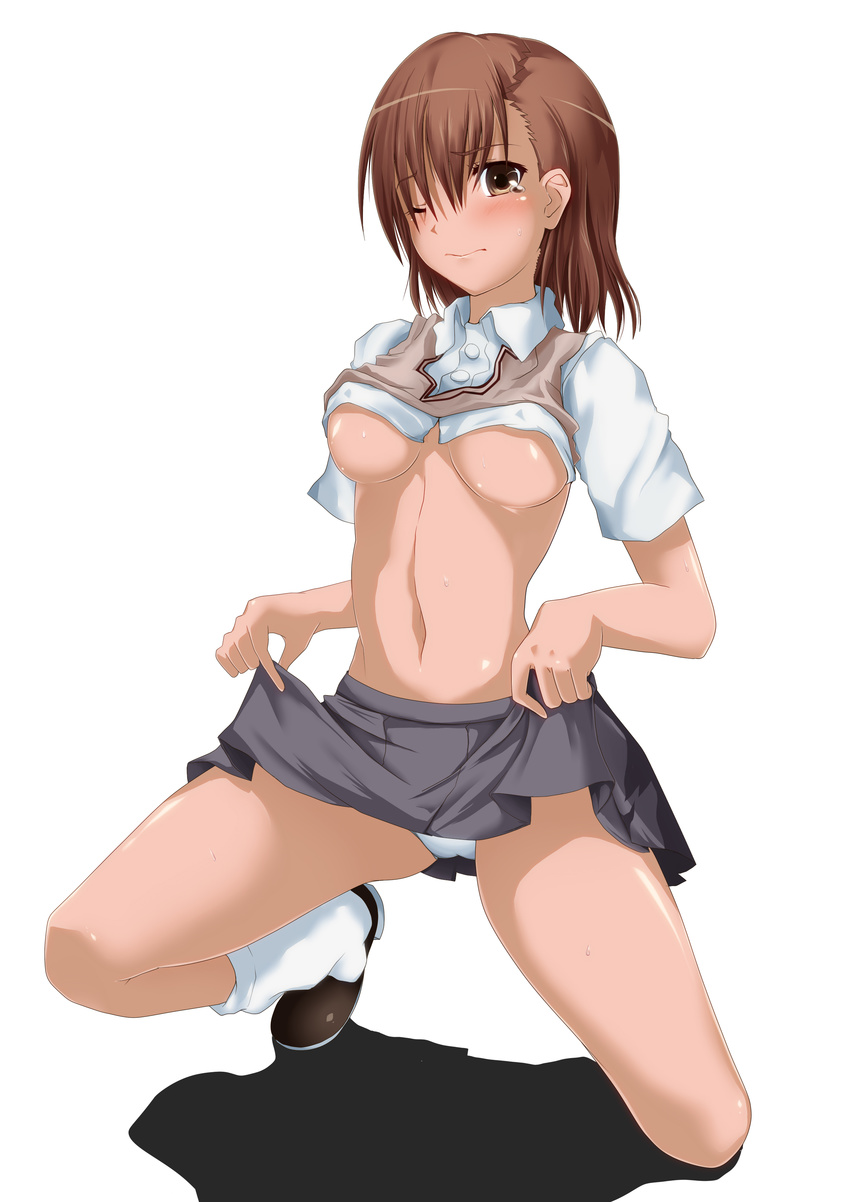 absurdres blush breasts brown_eyes brown_hair covered_nipples embarrassed error highres kneeling medium_breasts merusen@aki misaka_mikoto no_bra one_eye_closed panties school_uniform shadow shirt_lift short_hair skirt skirt_lift socks solo sweat sweater_vest tears to_aru_kagaku_no_railgun to_aru_majutsu_no_index underboob underwear white_panties