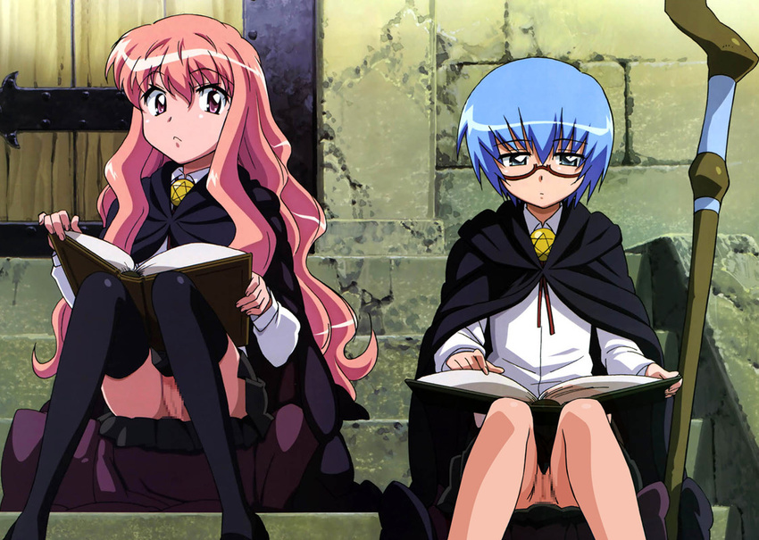 2girls :&lt; blue_eyes blue_hair blush book brooch cape censored fujii_masahiro glasses jewelry legs long_hair louise_francoise_le_blanc_de_la_valliere megami multiple_girls nude_filter photoshop pink_eyes pink_hair pussy sitting staff stairs tabitha thighhighs upskirt zero_no_tsukaima