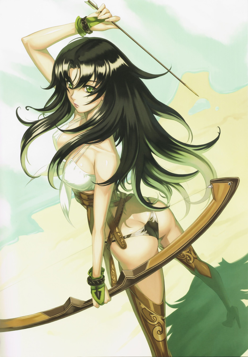 absurdres arrow ass back bare_shoulders black_hair boots bow_(weapon) breasts butt_crack collarbone copyright_request dutch_angle eiwa gloves green_eyes high_heels highres large_breasts legs long_hair looking_back panties shoes solo thigh_boots thighhighs thighs underwear weapon