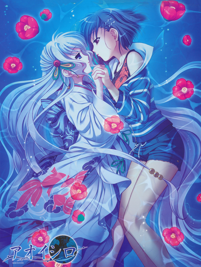 absurdres aoi_shiro bare_shoulders blue_eyes blue_hair bow camellia eye_contact flower hair_bow hair_ornament highres holding_hands imminent_kiss japanese_clothes kimono long_hair looking_at_another multiple_girls nami_(aoi_shiro) osanai_shouko purple_eyes ribbon short_hair shorts silver_hair underwater very_long_hair water wet wet_clothes yasaka_minato yuri