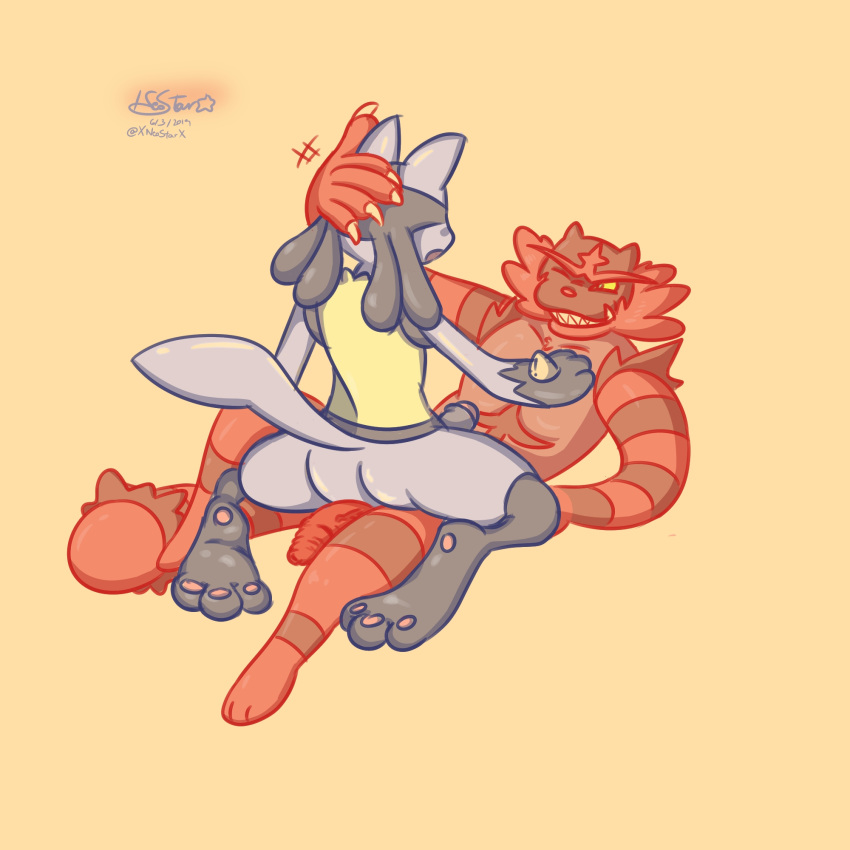 anthro butt caress couple_(disambiguation) erection hi_res incineroar lucario male male/male mammal nintendo nude paws penis pok&eacute;mon pok&eacute;mon_(species) video_games xneostarx