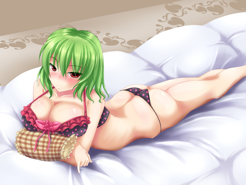 ass blush bow bra breasts cleavage green_hair heart highres kazami_yuuka large_breasts lingerie lying negamaro on_stomach panties pillow red_eyes short_hair solo touhou underwear