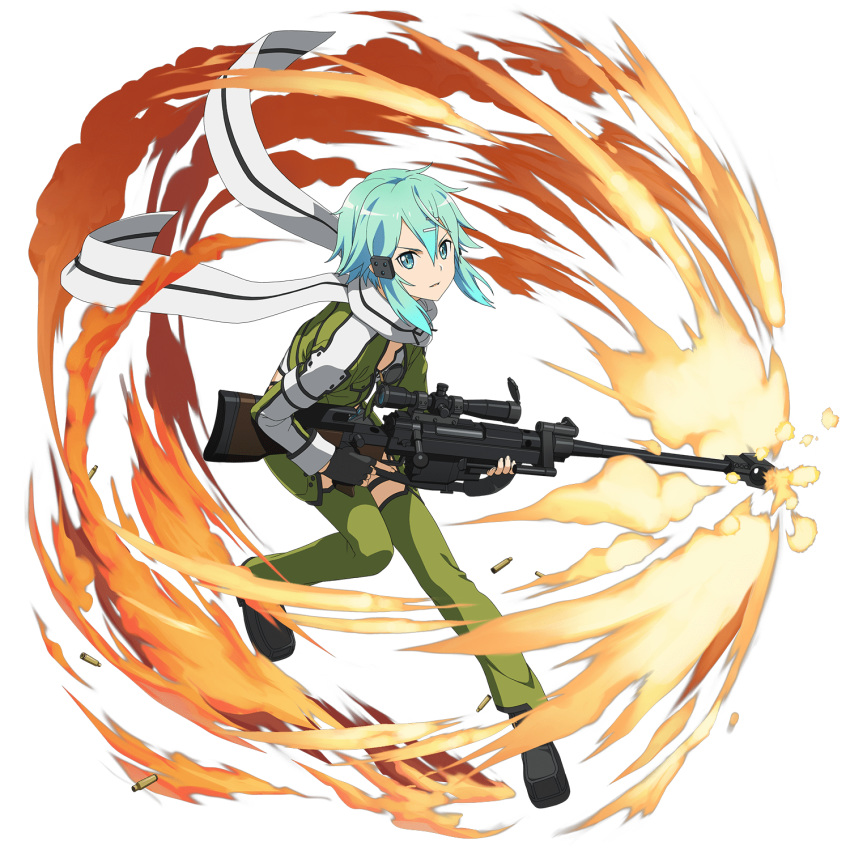 1girl black_footwear black_gloves blue_eyes blue_hair fingerless_gloves full_body gloves green_jacket green_legwear gun hair_ornament hairclip highres holding holding_gun holding_weapon jacket leg_up looking_at_viewer official_art open_clothes open_jacket pgm_hecate_ii rifle scarf shiny shiny_hair short_hair_with_long_locks sidelocks sinon sniper_rifle solo sword_art_online thigh_strap transparent_background weapon white_scarf