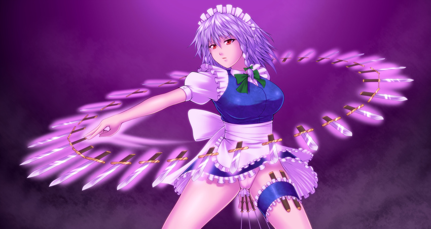 absurdres braid genjuu_rou highres izayoi_sakuya knife maid panties pantyshot red_eyes short_hair silver_hair solo thigh_strap touhou twin_braids underwear