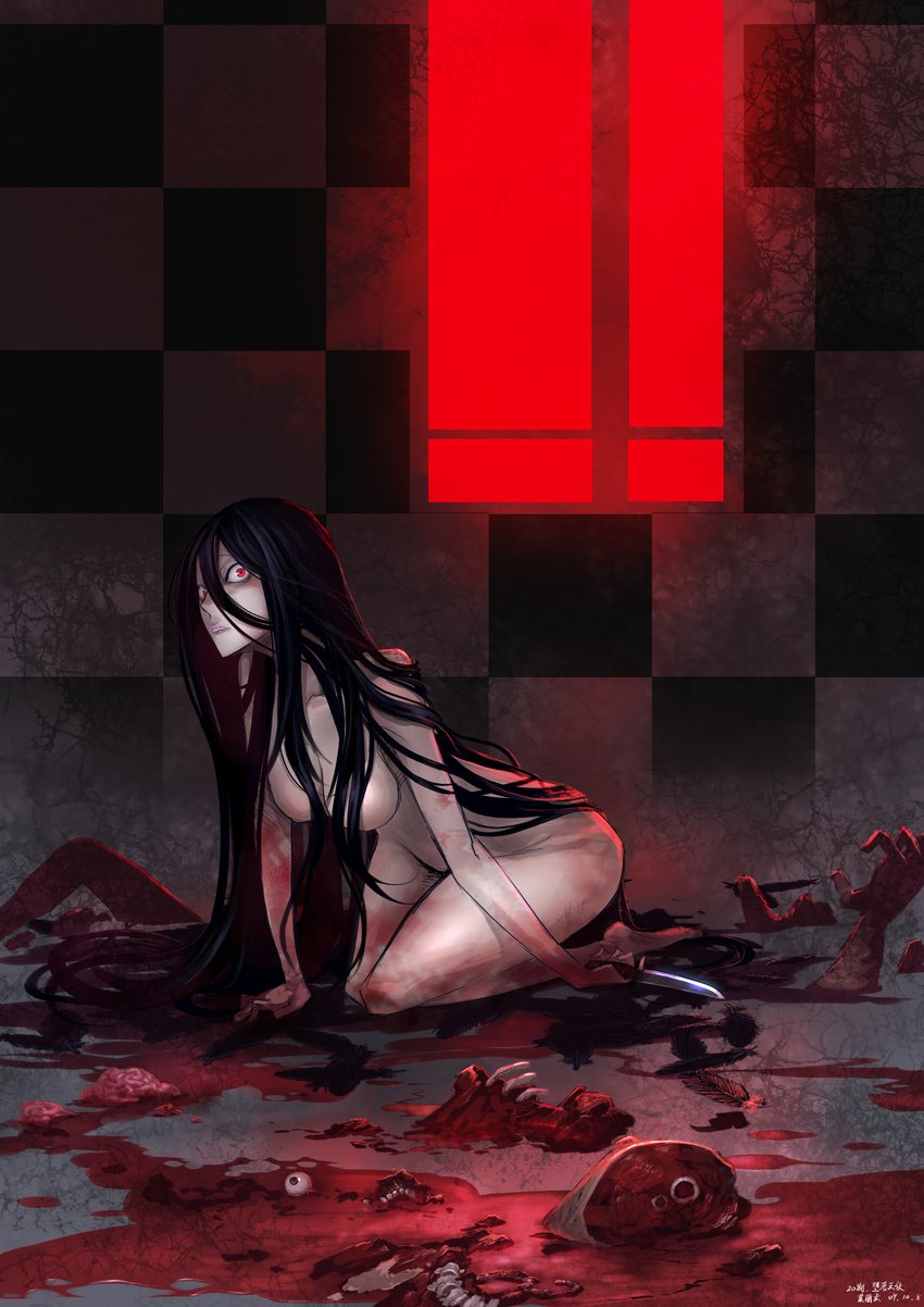 black_hair blood bone checkered eyes feathers guro hands highres horror_(theme) knife legs long_hair nude original red_eyes solo teeth yelansu