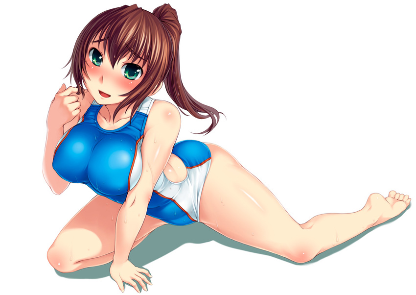 arm_support barefoot blush bosshi breasts brown_hair competition_swimsuit feet green_eyes kneeling large_breasts long_hair mizugi_kanojo mizuho_(mizugi_kanojo) one-piece_swimsuit ponytail smile solo spread_legs swimsuit wet