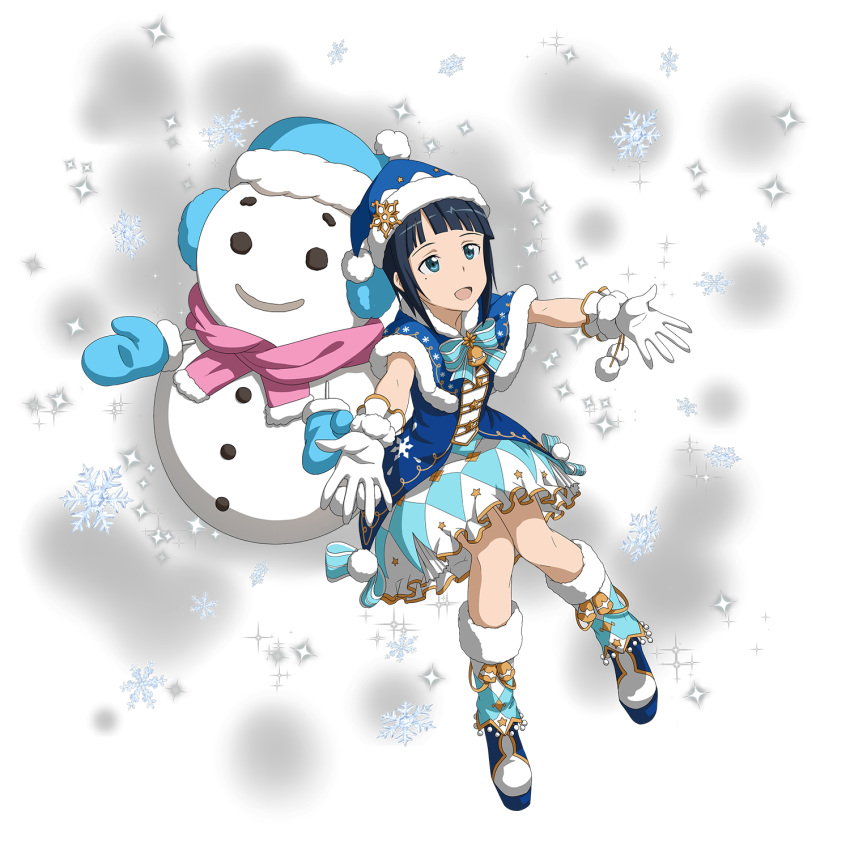 1girl :d blue_capelet blue_hair boots capelet fur-trimmed_capelet fur_boots fur_trim gloves highres looking_up miniskirt mole mole_under_eye official_art open_mouth outstretched_arms print_capelet print_skirt sachi_(sao) short_hair skirt smile snowflake_print snowman solo sword_art_online transparent_background white_gloves