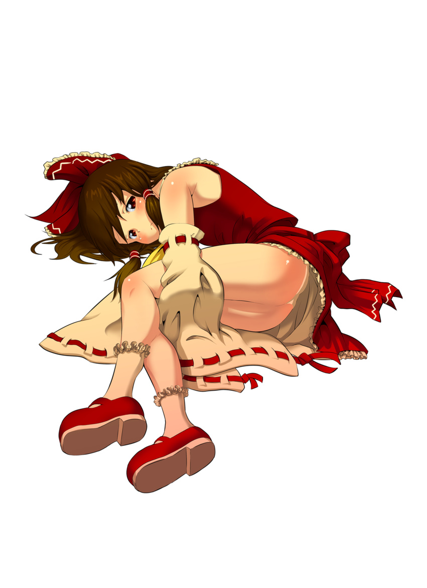 bow brown_hair detached_sleeves full_body hair_bow hakurei_reimu highres mary_janes mugi_kura red_eyes shoes short_hair solo touhou transparent_background