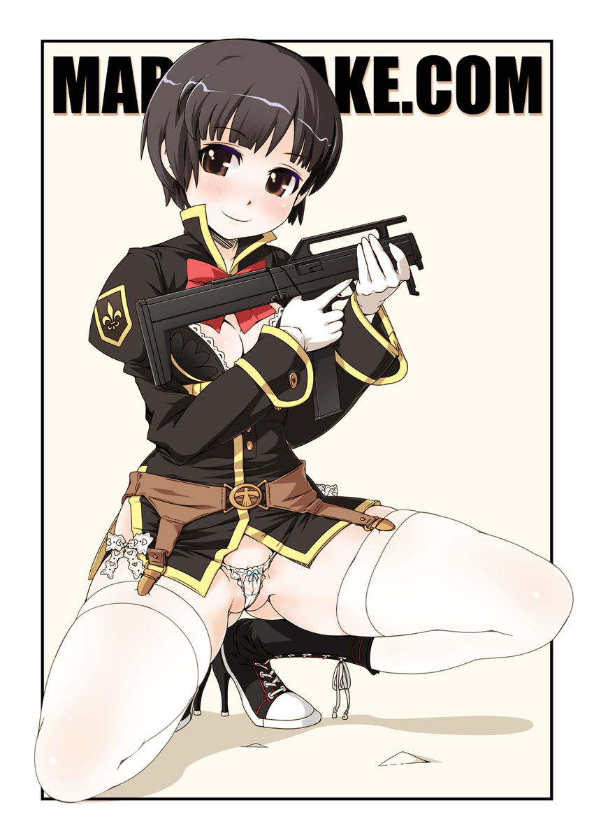 aoba_sachi axis_powers_hetalia black_hair blush boots bow bra breasts brown_eyes cleavage garter_belt genderswap genderswap_(mtf) gloves gun high_heels highres japan_(hetalia) lingerie lowleg lowleg_panties magpul_fmg-9 medium_breasts military military_uniform no_pants open_clothes open_shirt panties shirt shoes short_hair solo submachine_gun thighhighs trigger_discipline underwear uniform watermark weapon