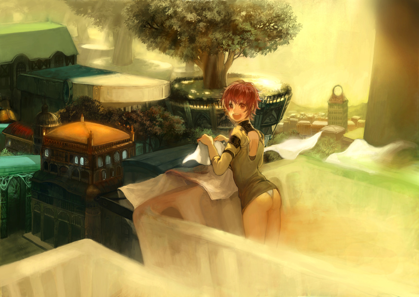 :d ass bad_id bad_pixiv_id cityscape fantasy laundry looking_back no_pants open_mouth original panties red_eyes red_hair round_teeth short_hair smile solo taku_(fishdrive) teeth tree underwear