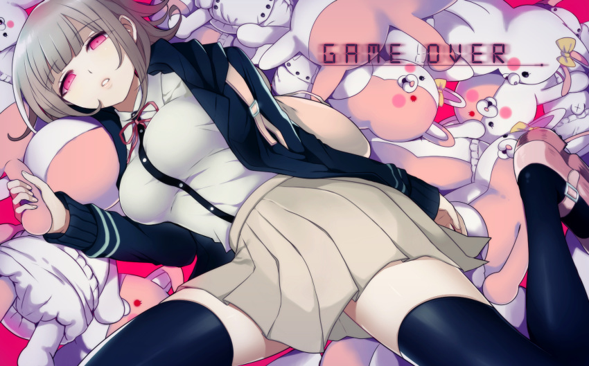 1girl bangs beige_skirt black_jacket black_legwear breasts commentary danganronpa english_commentary english_text eyebrows_visible_through_hair flipped_hair game_over hair_ornament highres holding hood hooded_jacket jacket large_breasts light_brown_hair looking_at_viewer monomi_(danganronpa) nanami_chiaki pink_eyes pink_footwear pink_neckwear pink_ribbon rakkou ribbon shirt shoes short_hair skirt solo super_danganronpa_2 thighhighs white_shirt zettai_ryouiki