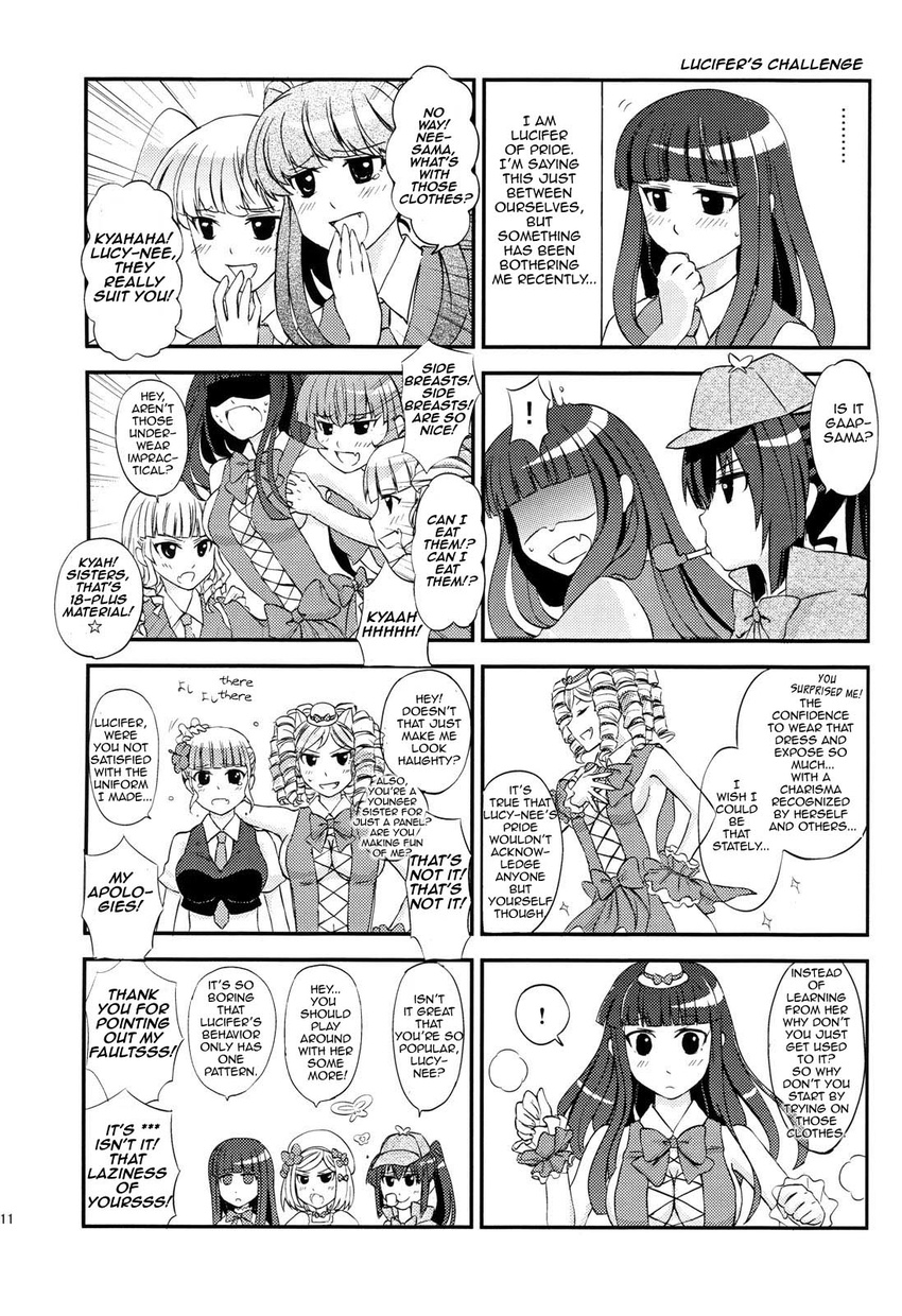 6+girls alternate_costume alternate_hairstyle asmodeus beatrice beelzebub belphegor blush breasts cleavage comic fang frederica_bernkastel gaap greyscale highres lambdadelta large_breasts leviathan_(umineko) lucifer mammon monochrome multiple_girls pipe satan stakes_of_purgatory umineko_no_naku_koro_ni