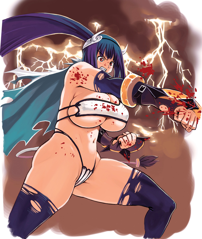 angry blood blue_hair breasts cape cow_girl cow_horns cow_tail gauntlets highres horns huge_breasts lightning mugen_no_fantasia punching red_eyes ryoji_(nomura_ryouji) solo tail thighhighs thighs