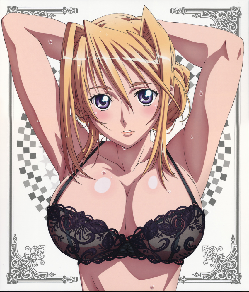 absurdres arms_behind_head arms_up blonde_hair blush bra breasts hair_up highres lace lace-trimmed_bra large_breasts lingerie nipples princess_lover see-through short_hair silvia_van_hossen solo suzuki_shingo underwear