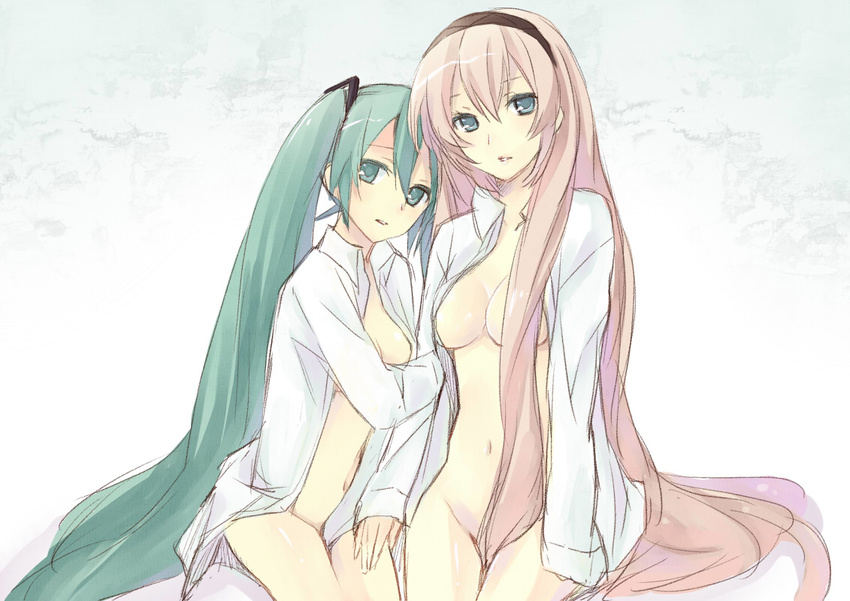 aqua_eyes aqua_hair arm_grab arm_hug bad_id bad_pixiv_id bottomless breasts censored cleavage convenient_censoring graphite_(medium) hair_censor hair_over_crotch hair_over_one_breast hairband hatsune_miku hijiki_(hijikini) long_hair medium_breasts megurine_luka mixed_media multiple_girls naked_shirt no_panties open_clothes open_shirt pink_hair shirt simple_background small_breasts traditional_media twintails very_long_hair vocaloid white_shirt yuri