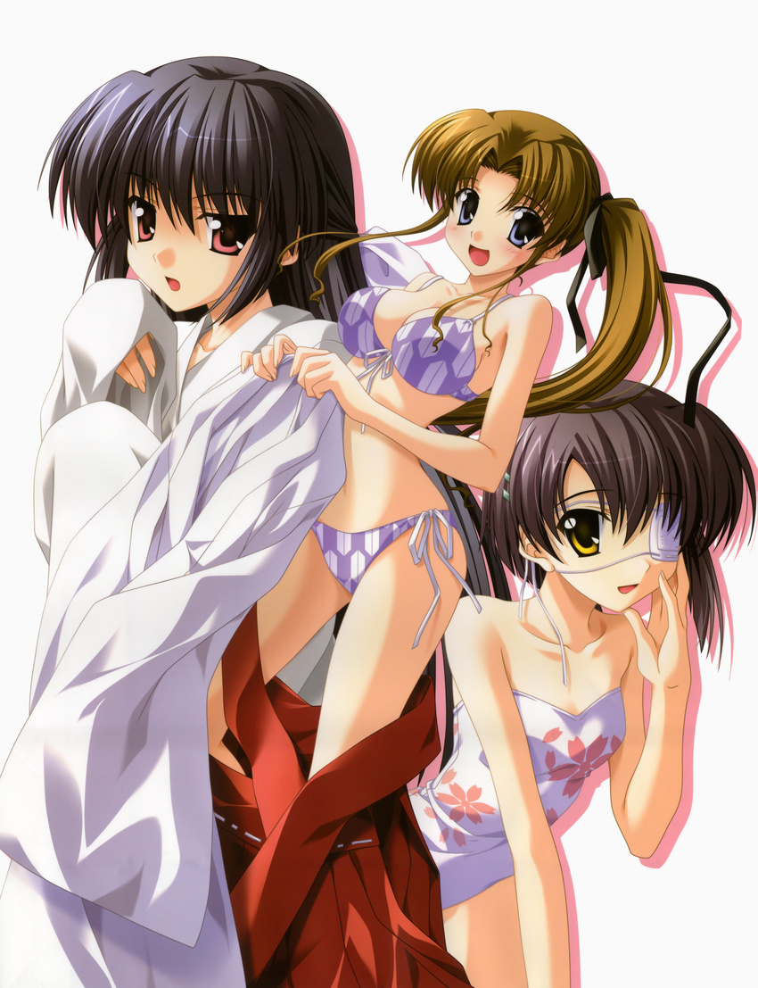 absurdres amamiya_yuuko bikini blush ef eyepatch front-tie_top hayama_mizuki highres multiple_girls nanao_naru open_mouth scan shindou_chihiro side-tie_bikini smile swimsuit